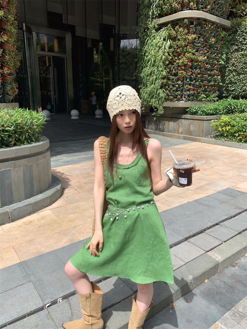 【F60395】實拍復古京綠亞麻天絲洋裝250526
