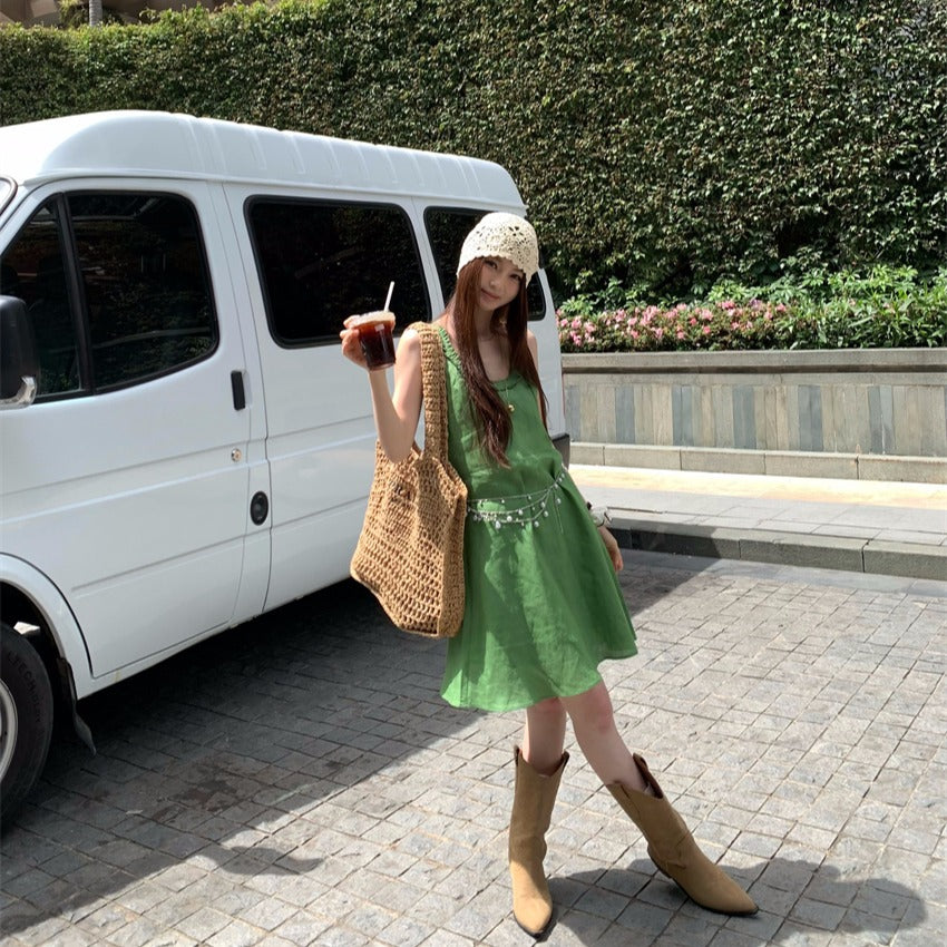 【F60395】實拍復古京綠亞麻天絲洋裝250526