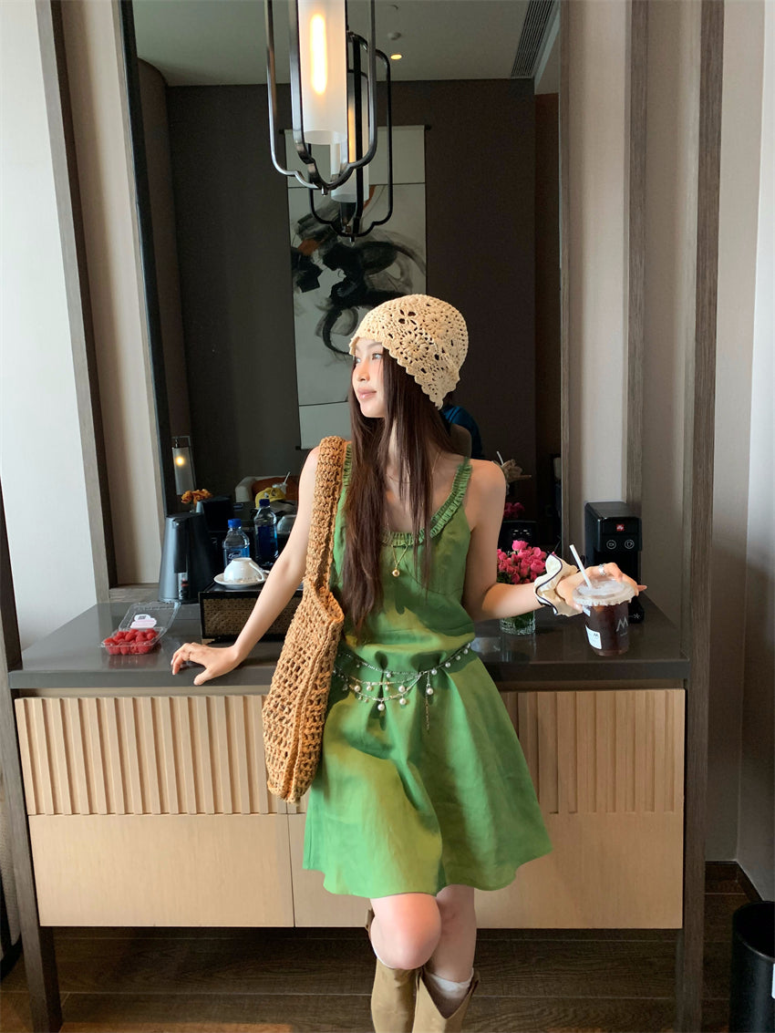 【F60395】實拍復古京綠亞麻天絲洋裝250526