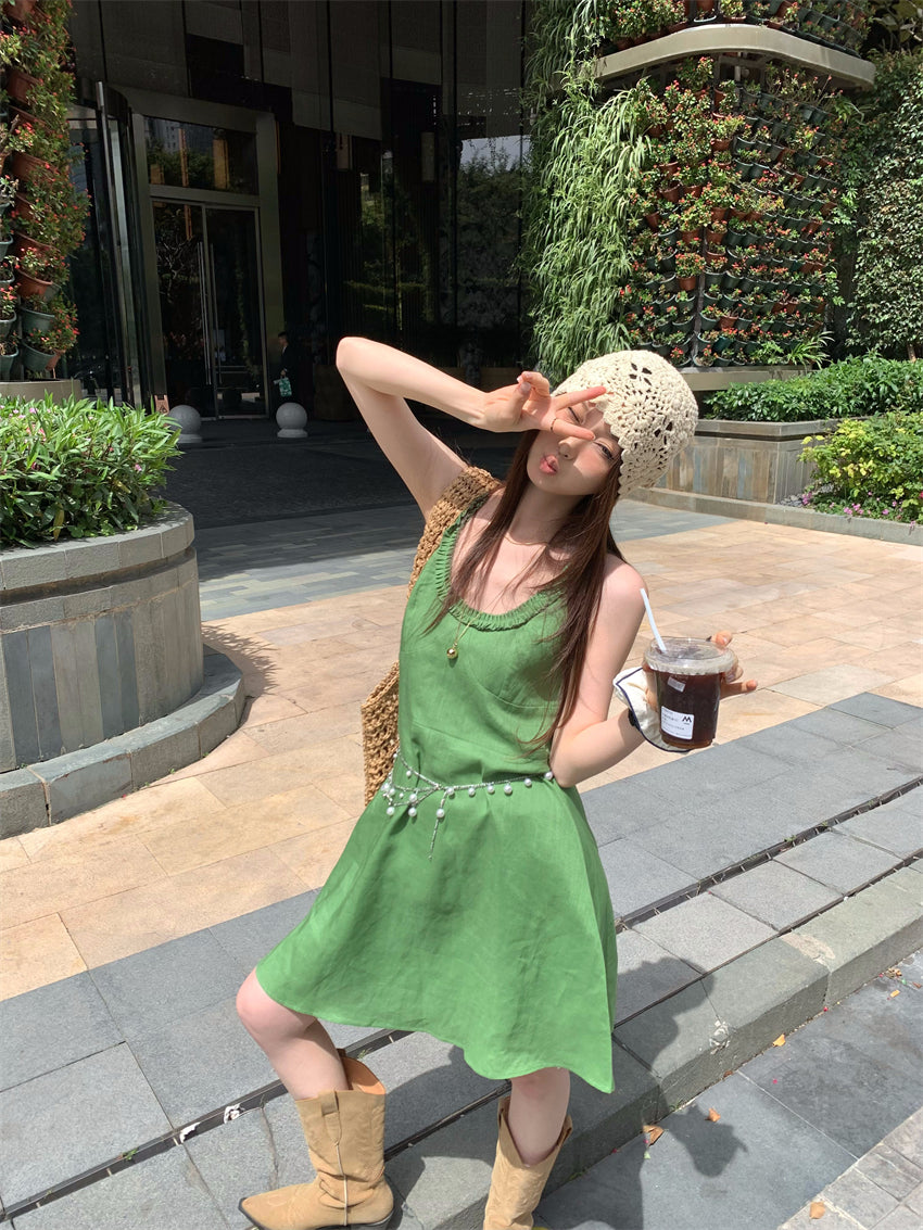 【F60395】實拍復古京綠亞麻天絲洋裝250526