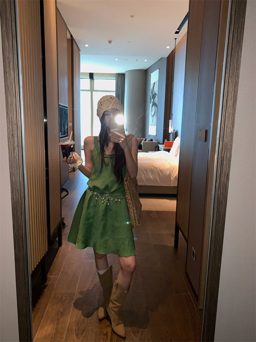 【F60395】實拍復古京綠亞麻天絲洋裝250526