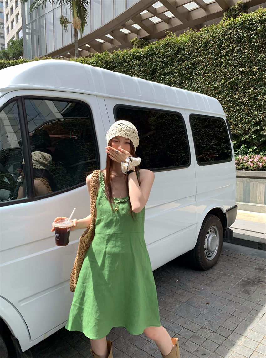 【F60395】實拍復古京綠亞麻天絲洋裝250526