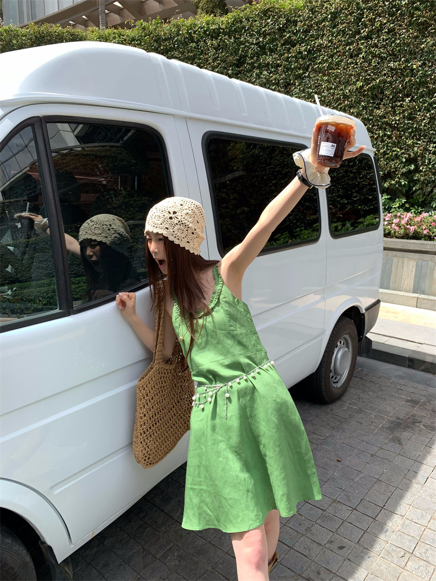 【F60395】實拍復古京綠亞麻天絲洋裝250526