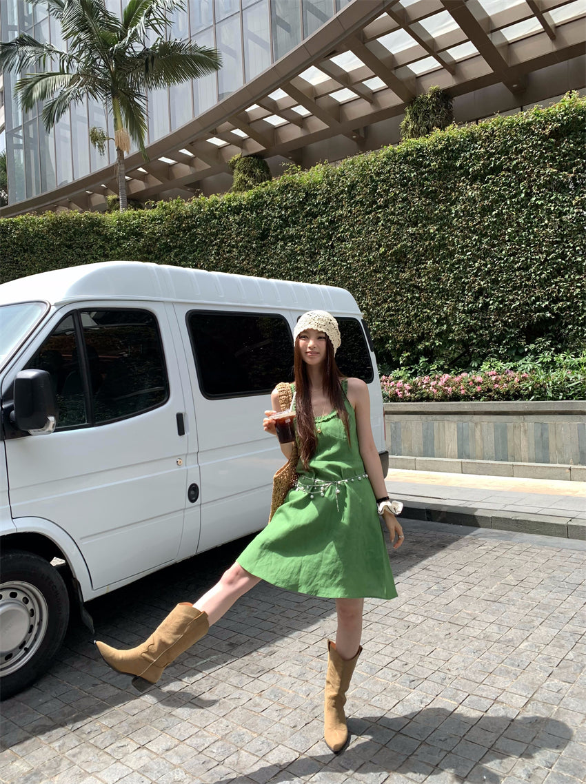 【F60395】實拍復古京綠亞麻天絲洋裝250526