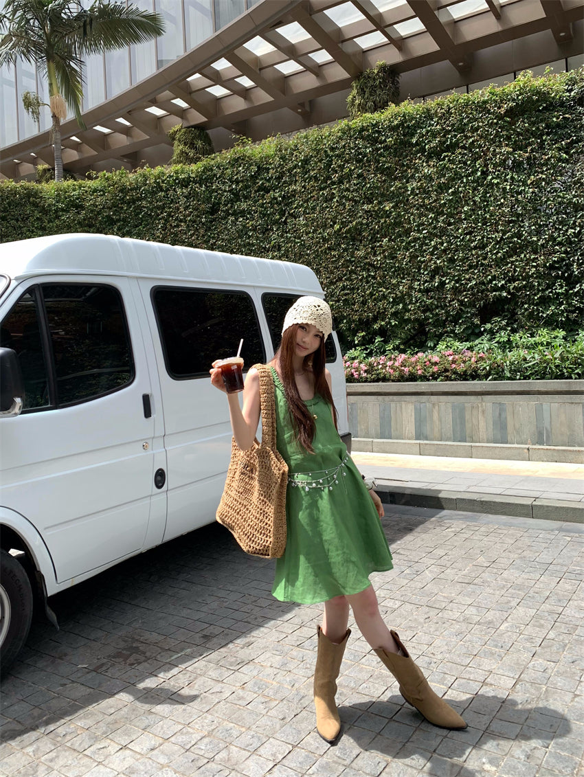 【F60395】實拍復古京綠亞麻天絲洋裝250526