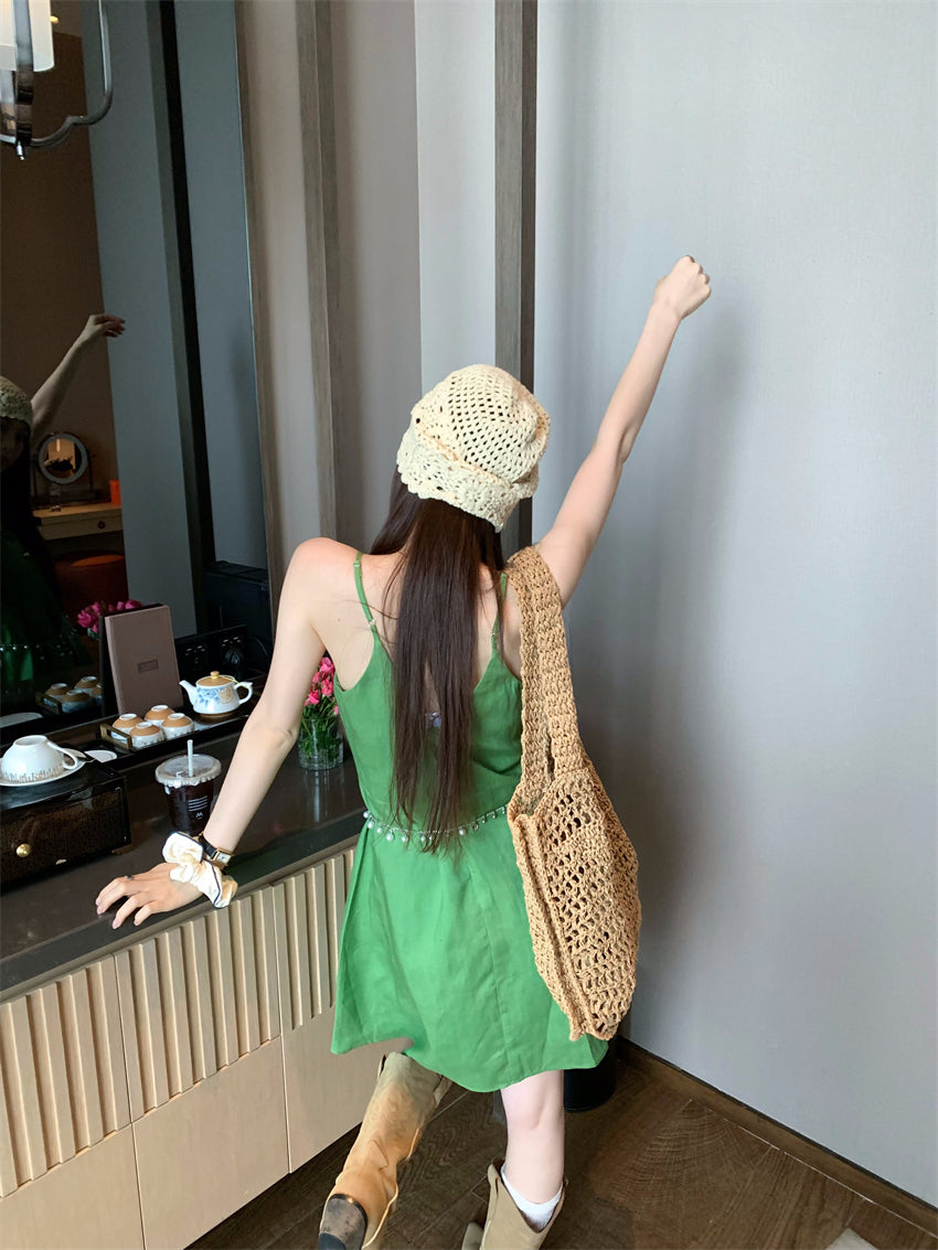 【F60395】實拍復古京綠亞麻天絲洋裝250526