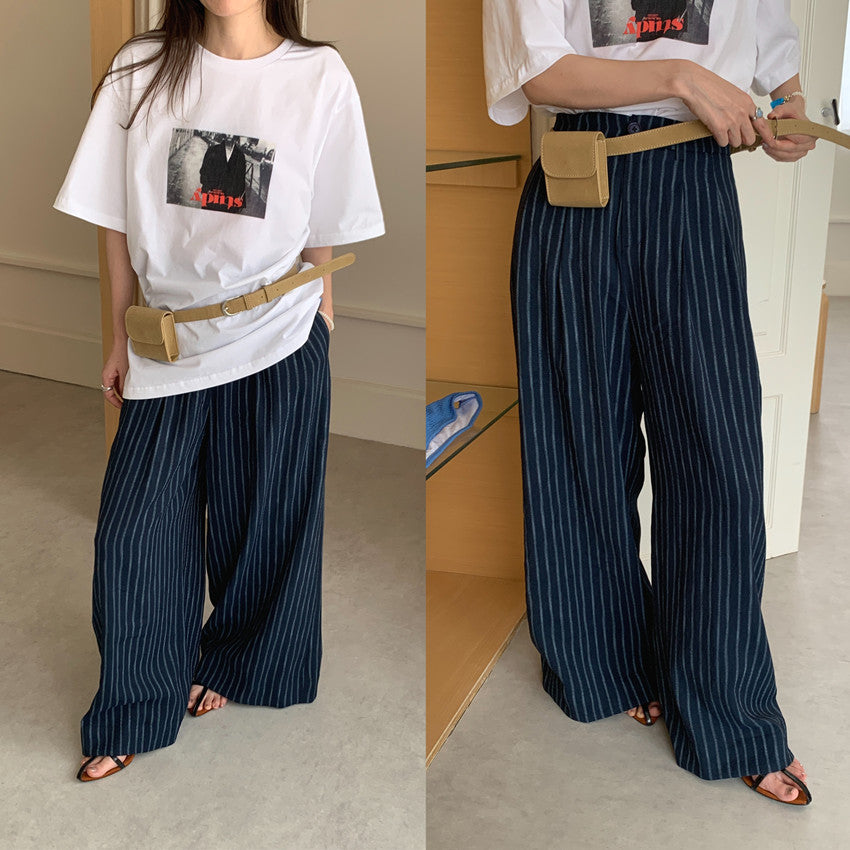 【F60387】現貨實拍 慵懶條紋寬鬆牛仔褲 拖地長褲 休閒風格250512