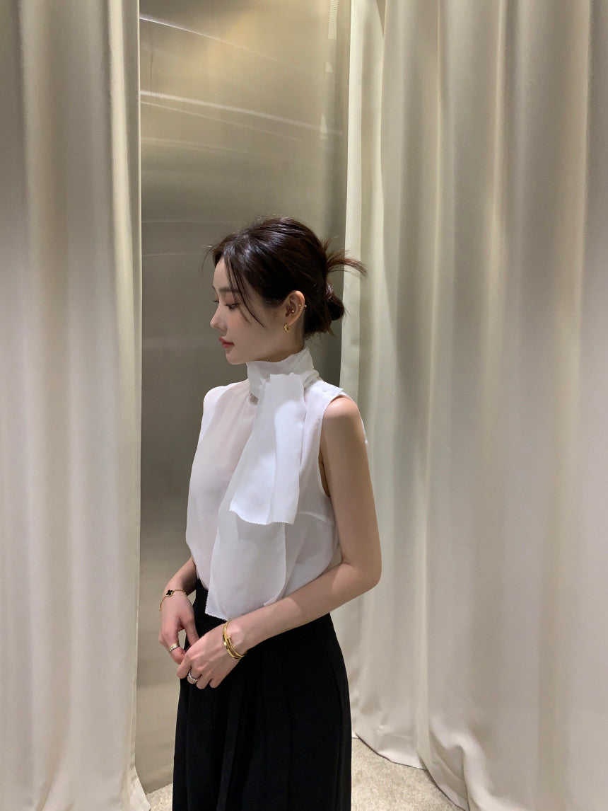 【F60378】現貨韓國夏季法式設計感飄帶雪紡上衣250512