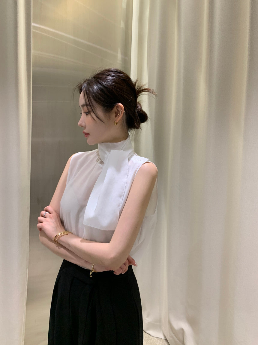【F60378】現貨韓國夏季法式設計感飄帶雪紡上衣250512