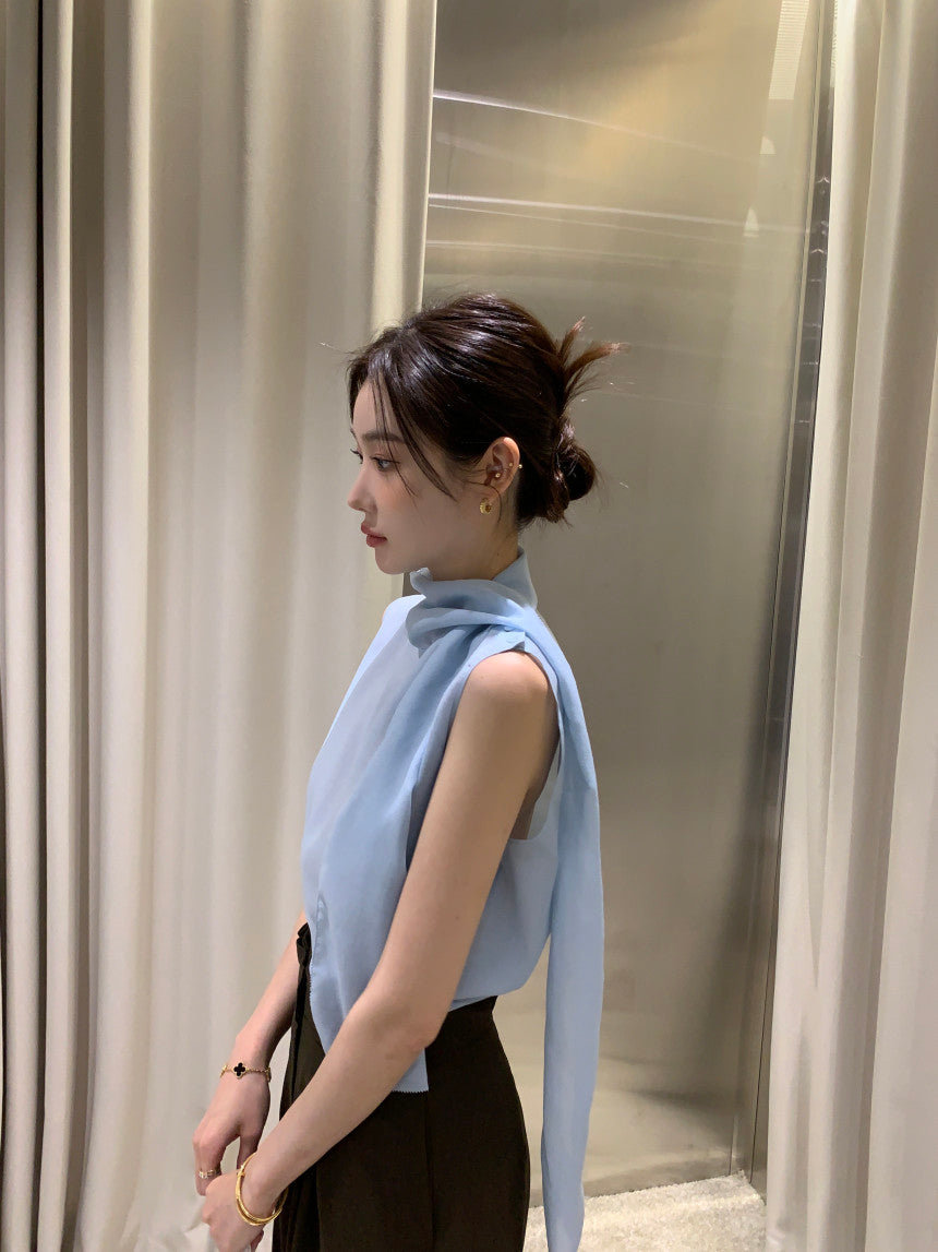 【F60378】現貨韓國夏季法式設計感飄帶雪紡上衣250512
