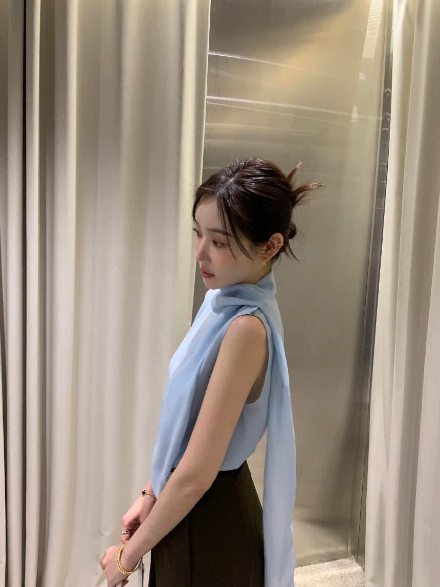 【F60378】現貨韓國夏季法式設計感飄帶雪紡上衣250512