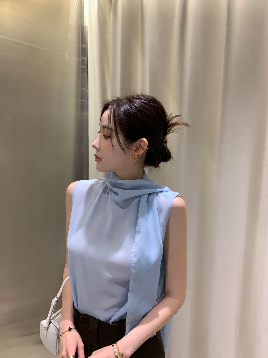 【F60378】現貨韓國夏季法式設計感飄帶雪紡上衣250512