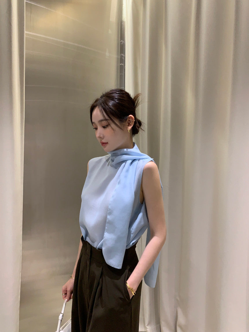 【F60378】現貨韓國夏季法式設計感飄帶雪紡上衣250512