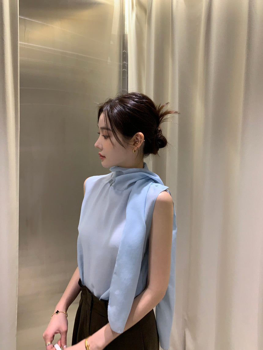【F60378】現貨韓國夏季法式設計感飄帶雪紡上衣250512
