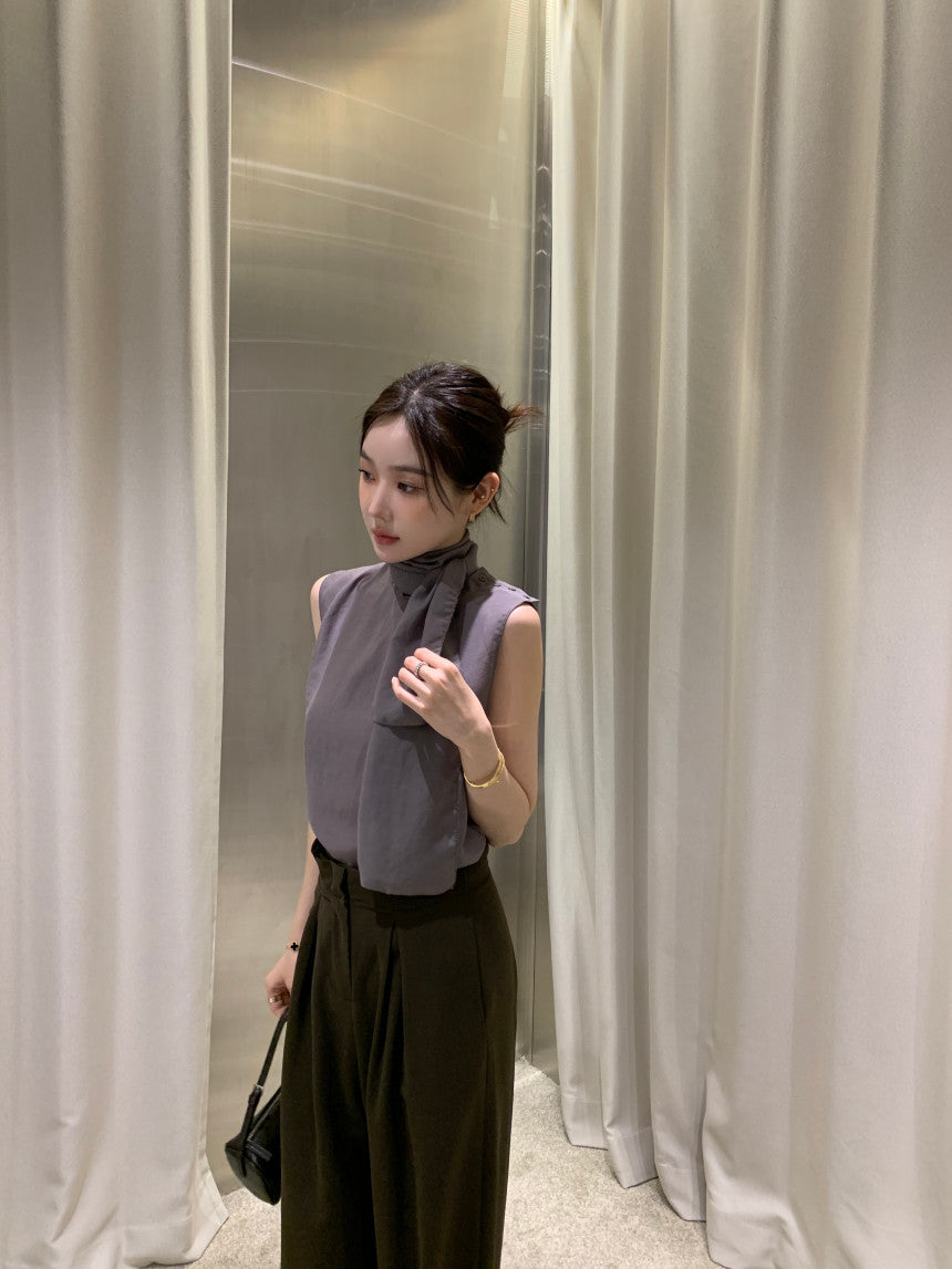 【F60378】現貨韓國夏季法式設計感飄帶雪紡上衣250512