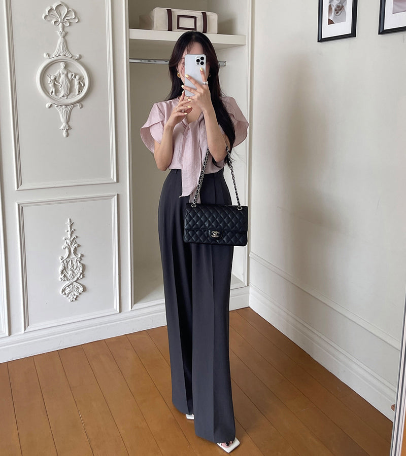 【F60413】韓國夏季法式荷袖飄帶上衣250526