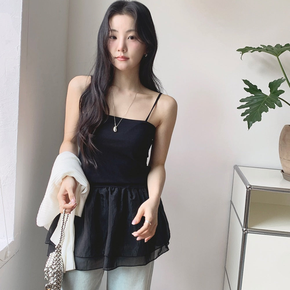 【F60368】實拍夏季芭蕾感復古雪紡吊帶背心250512