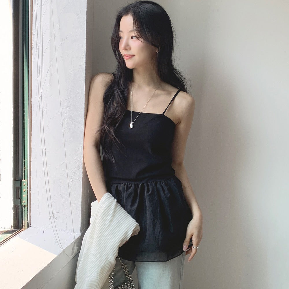 【F60368】實拍夏季芭蕾感復古雪紡吊帶背心250512