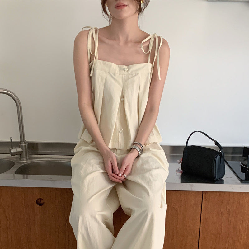 【F60422】實拍小清新百褶吊帶上衣+休閒闊腿褲250526