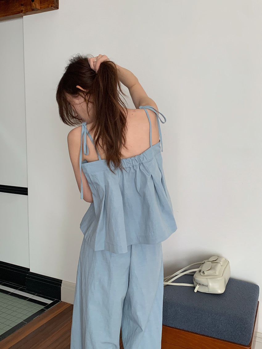 【F60422】實拍小清新百褶吊帶上衣+休閒闊腿褲250526