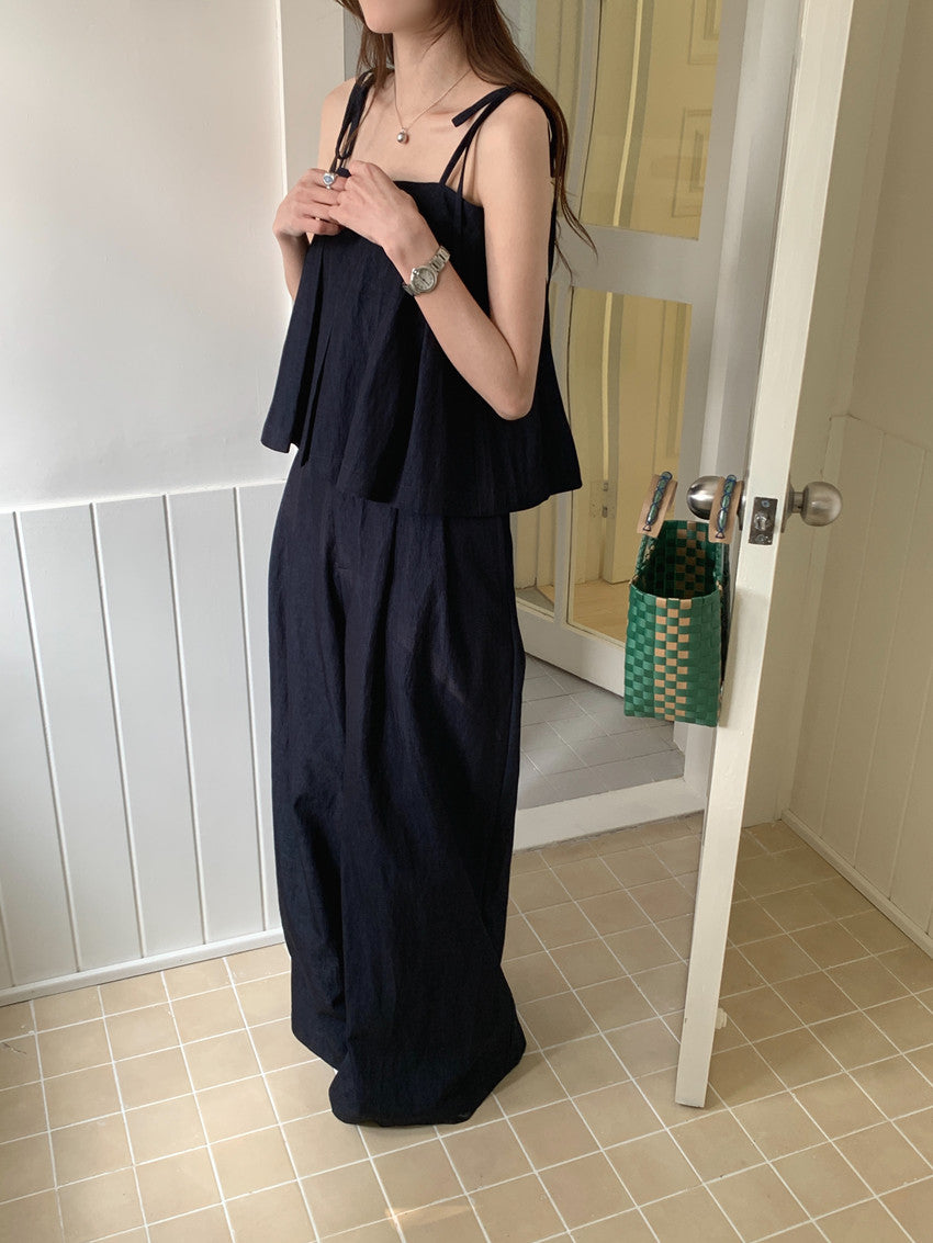 【F60422】實拍小清新百褶吊帶上衣+休閒闊腿褲250526