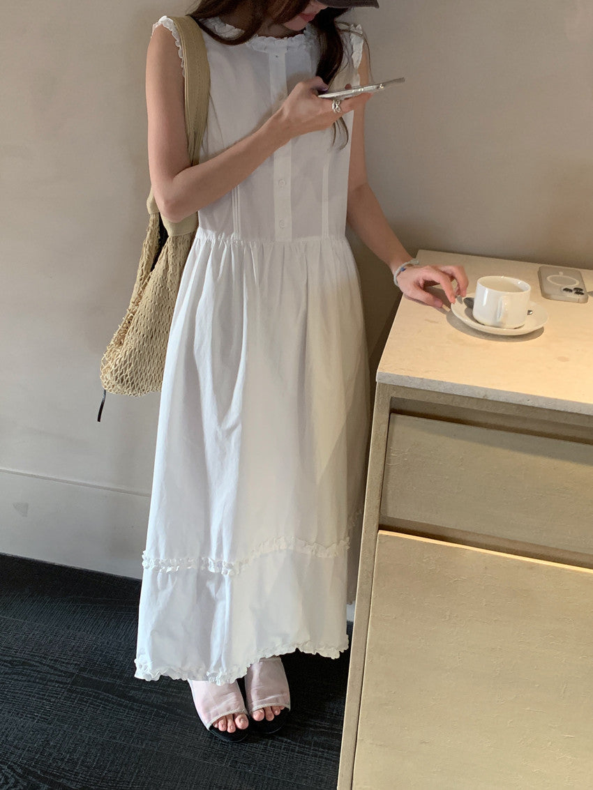 【F60421】實拍法式復古小荷葉拼接繫帶收腰洋裝250526