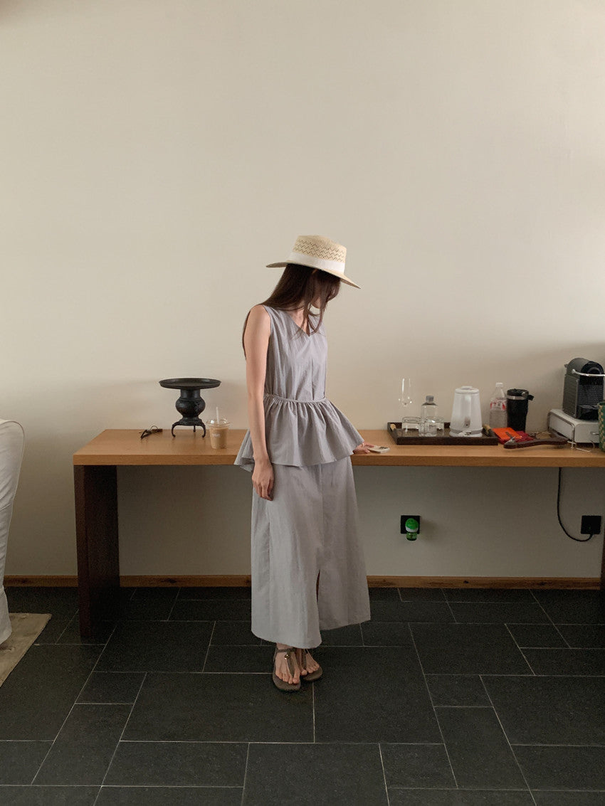 【F60380】實拍夏季簡約長版開叉洋裝+甜美荷葉可拆裙擺250512