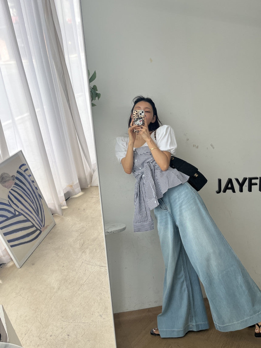 【F60388】實拍夏季人氣百搭上衣|條紋一字領收腰綁帶上衣250512