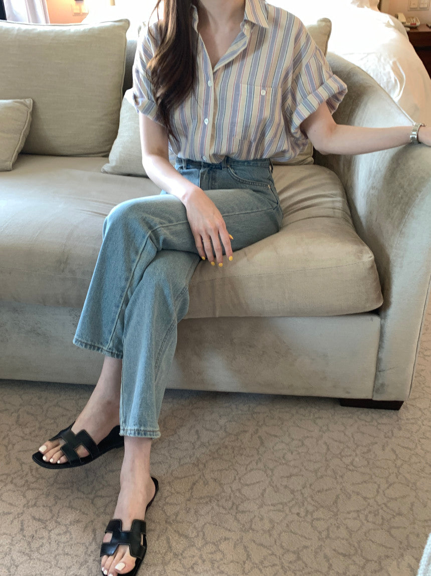 【F60407】韓國夏季條紋短袖襯衫250526