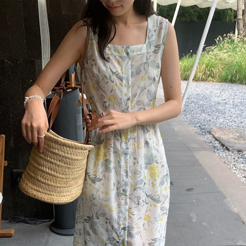 【F60429】實拍法式度假清新碎花方領復古洋裝250609