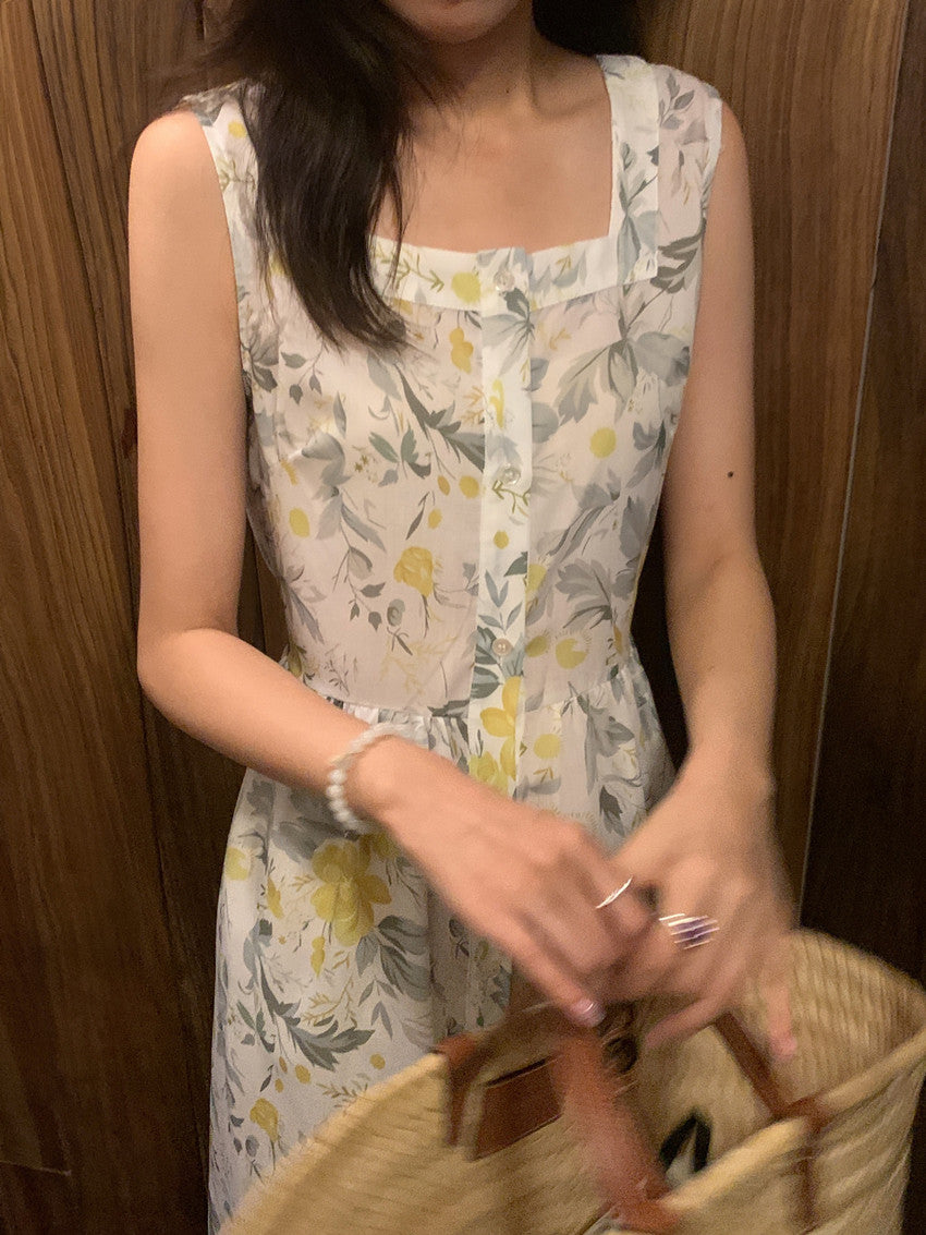 【F60429】實拍法式度假清新碎花方領復古洋裝250609