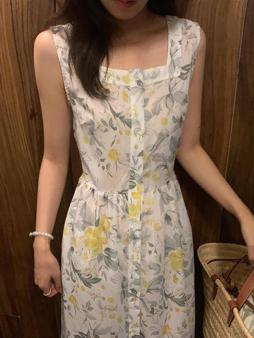 【F60429】實拍法式度假清新碎花方領復古洋裝250609