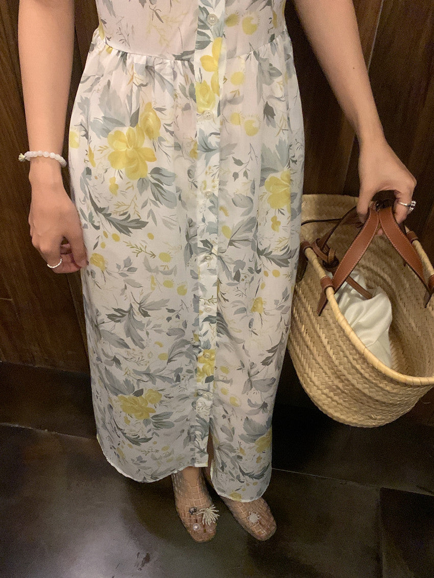 【F60429】實拍法式度假清新碎花方領復古洋裝250609
