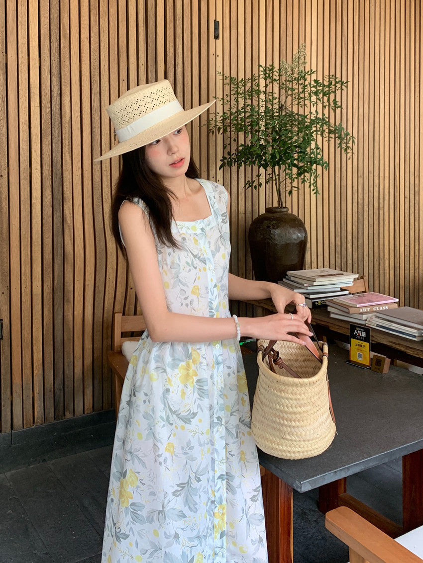 【F60429】實拍法式度假清新碎花方領復古洋裝250609