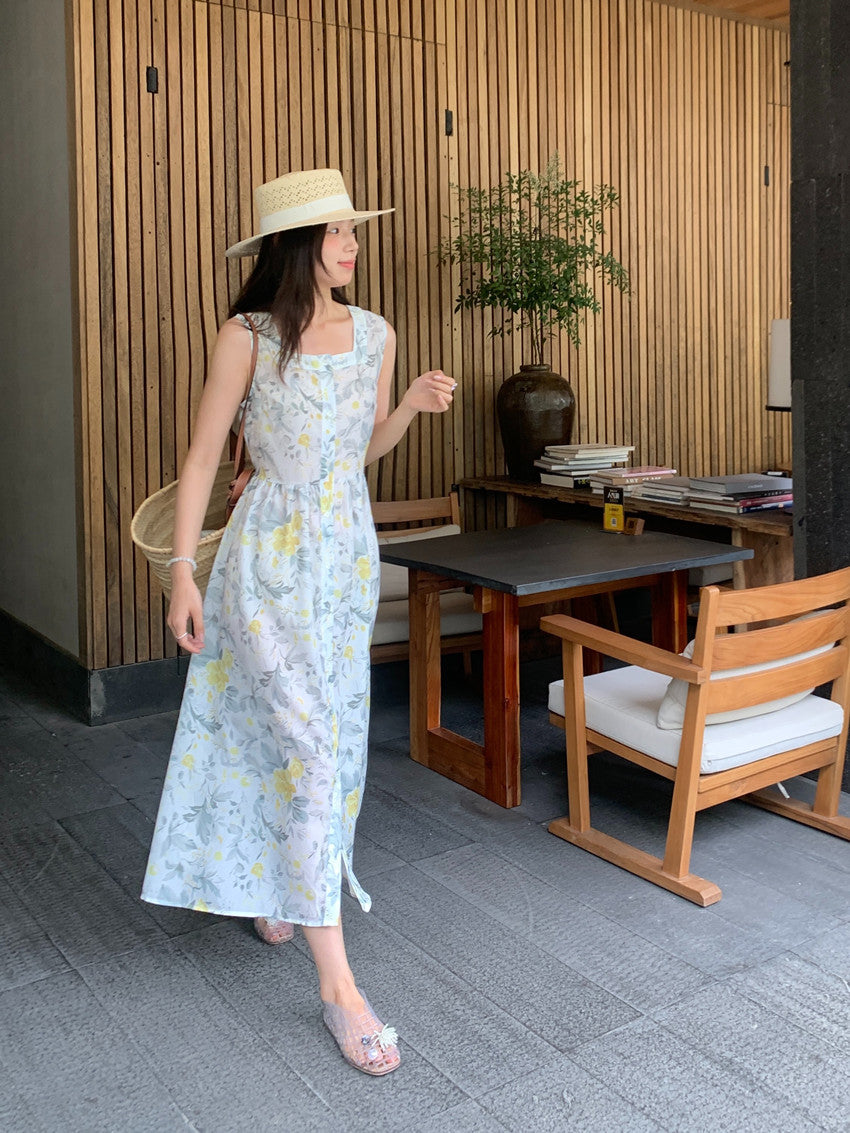 【F60429】實拍法式度假清新碎花方領復古洋裝250609
