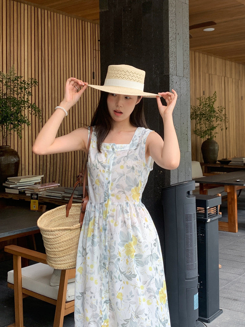 【F60429】實拍法式度假清新碎花方領復古洋裝250609