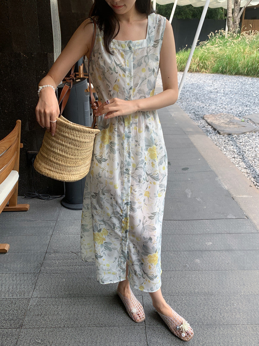 【F60429】實拍法式度假清新碎花方領復古洋裝250609