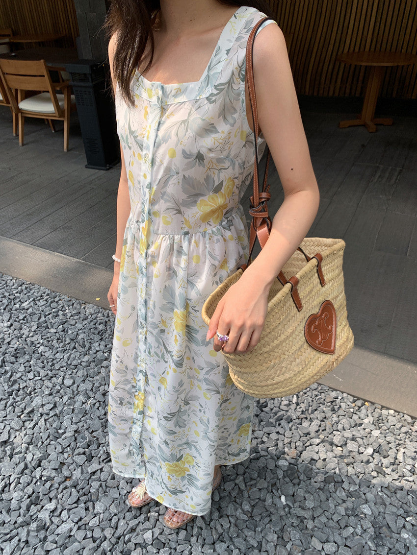 【F60429】實拍法式度假清新碎花方領復古洋裝250609