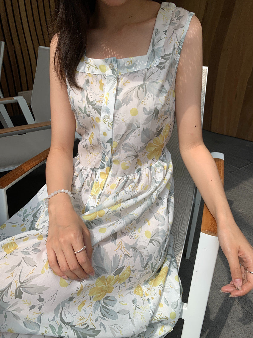 【F60429】實拍法式度假清新碎花方領復古洋裝250609