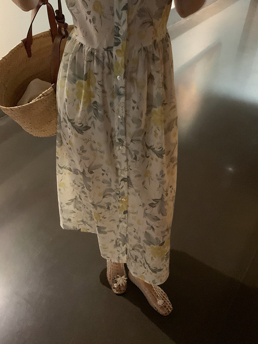 【F60429】實拍法式度假清新碎花方領復古洋裝250609