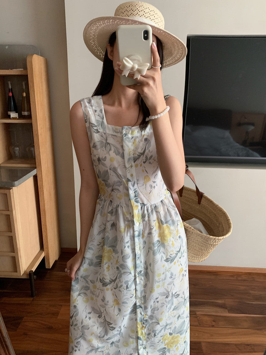 【F60429】實拍法式度假清新碎花方領復古洋裝250609
