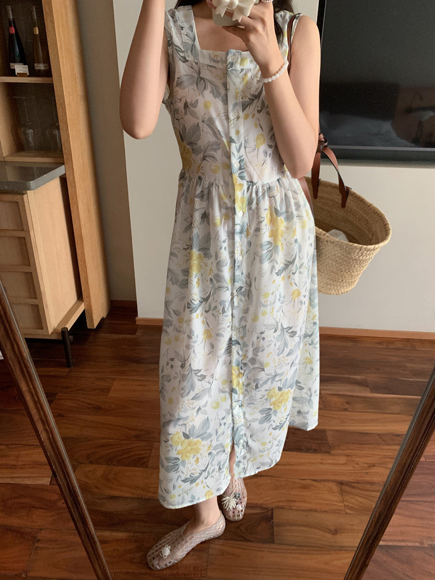 【F60429】實拍法式度假清新碎花方領復古洋裝250609