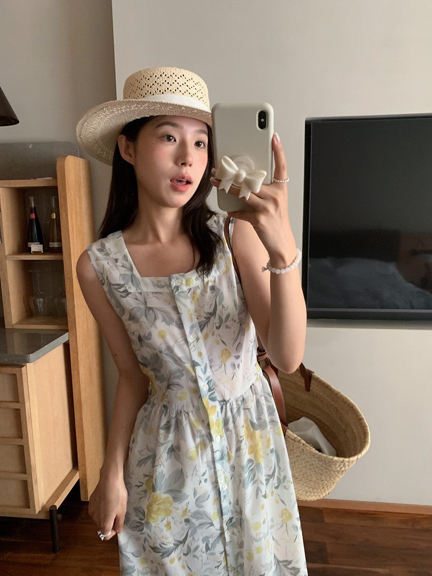 【F60429】實拍法式度假清新碎花方領復古洋裝250609