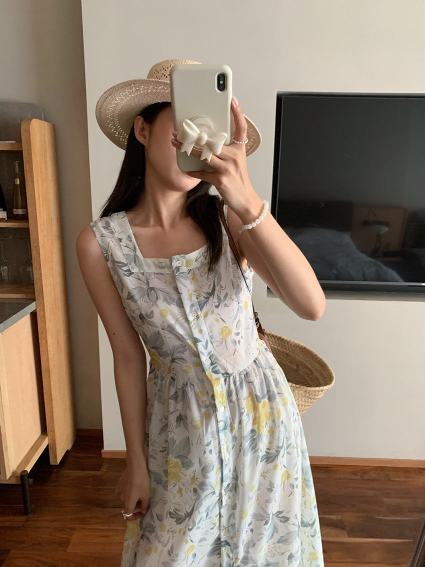 【F60429】實拍法式度假清新碎花方領復古洋裝250609