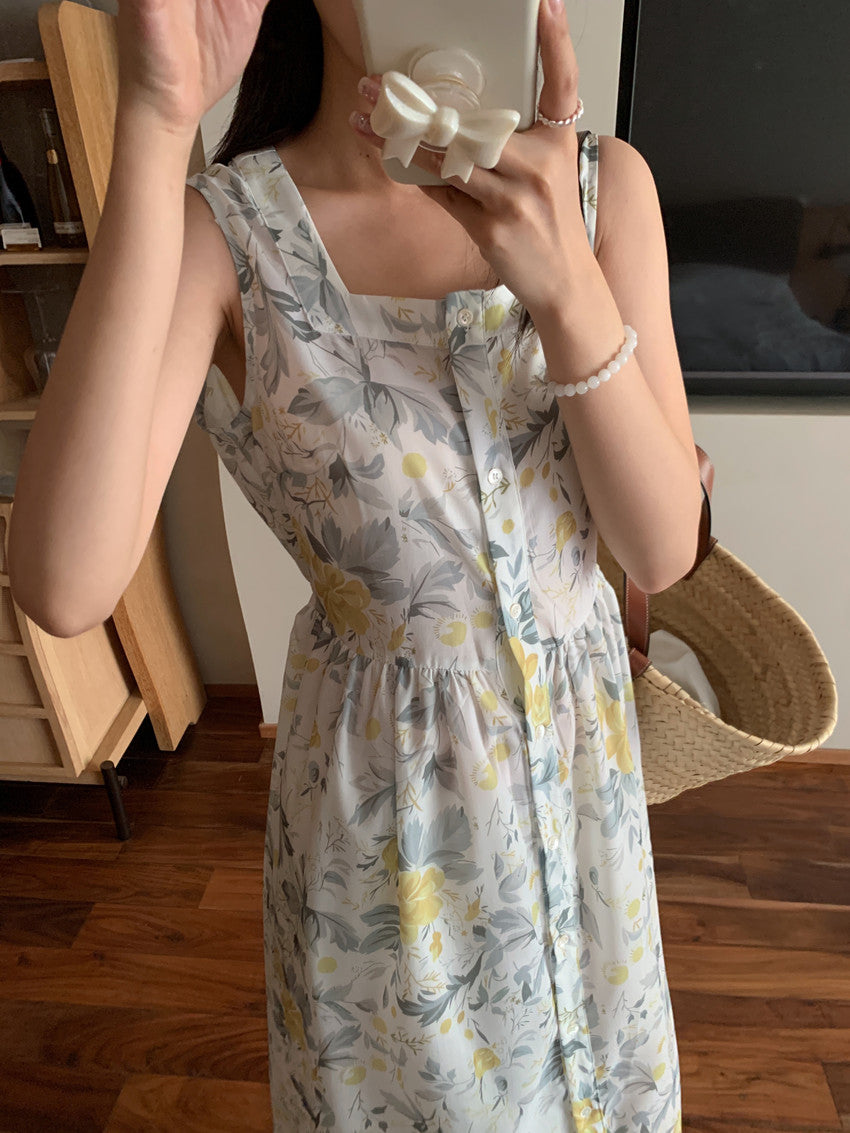 【F60429】實拍法式度假清新碎花方領復古洋裝250609