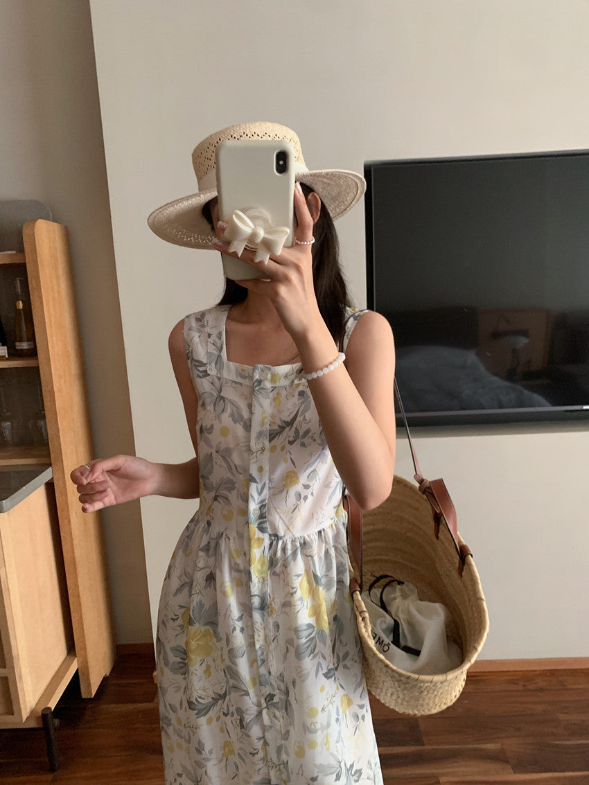 【F60429】實拍法式度假清新碎花方領復古洋裝250609