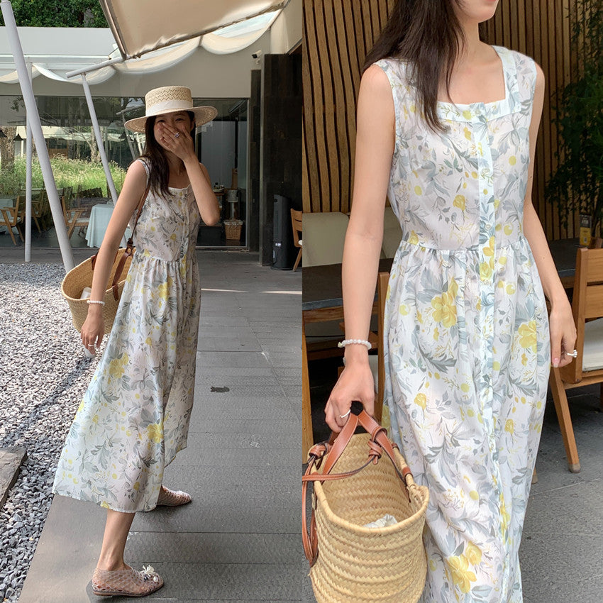【F60429】實拍法式度假清新碎花方領復古洋裝250609