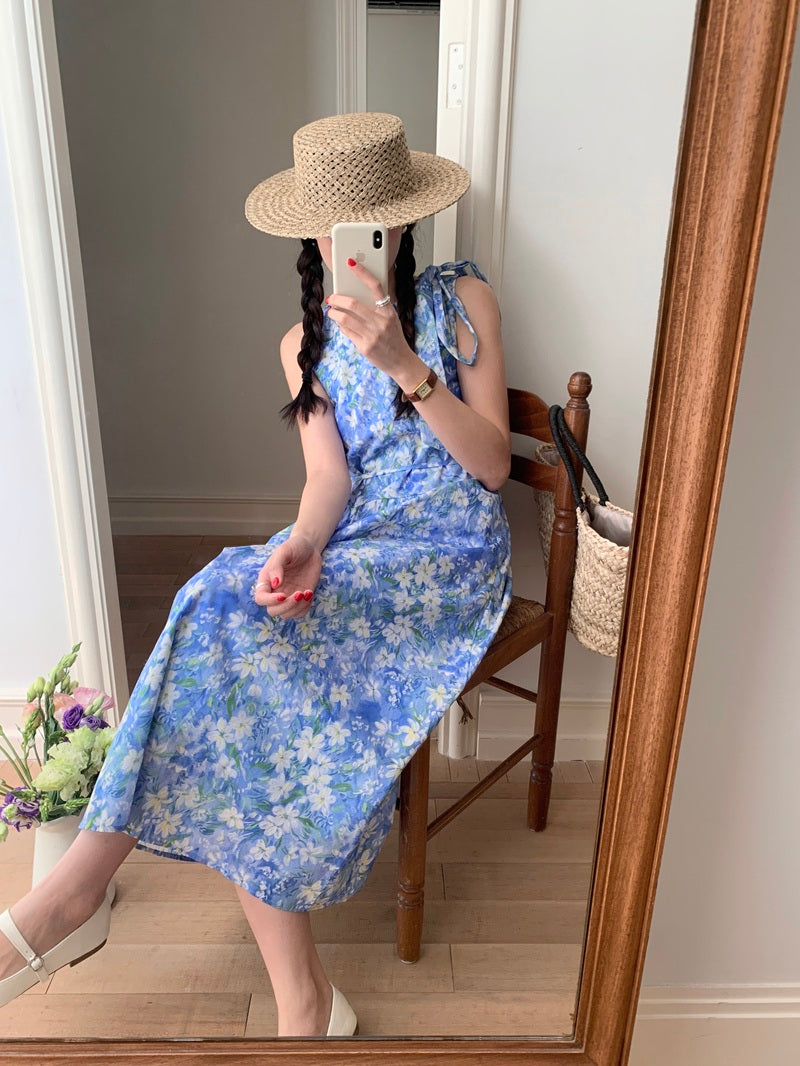 【F60484】實拍韓系甜美碎花小清新繫帶洋裝250616