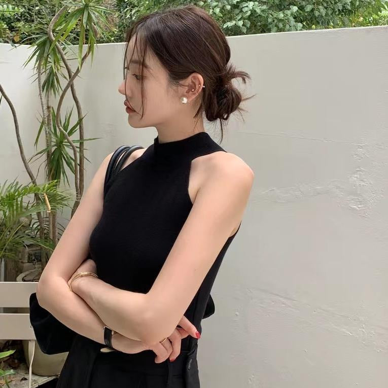 【F60409】韓國氣質簡約掛脖針織背心250526