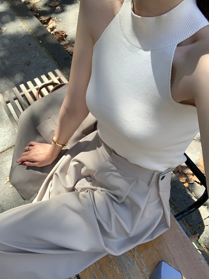 【F60409】韓國氣質簡約掛脖針織背心250526